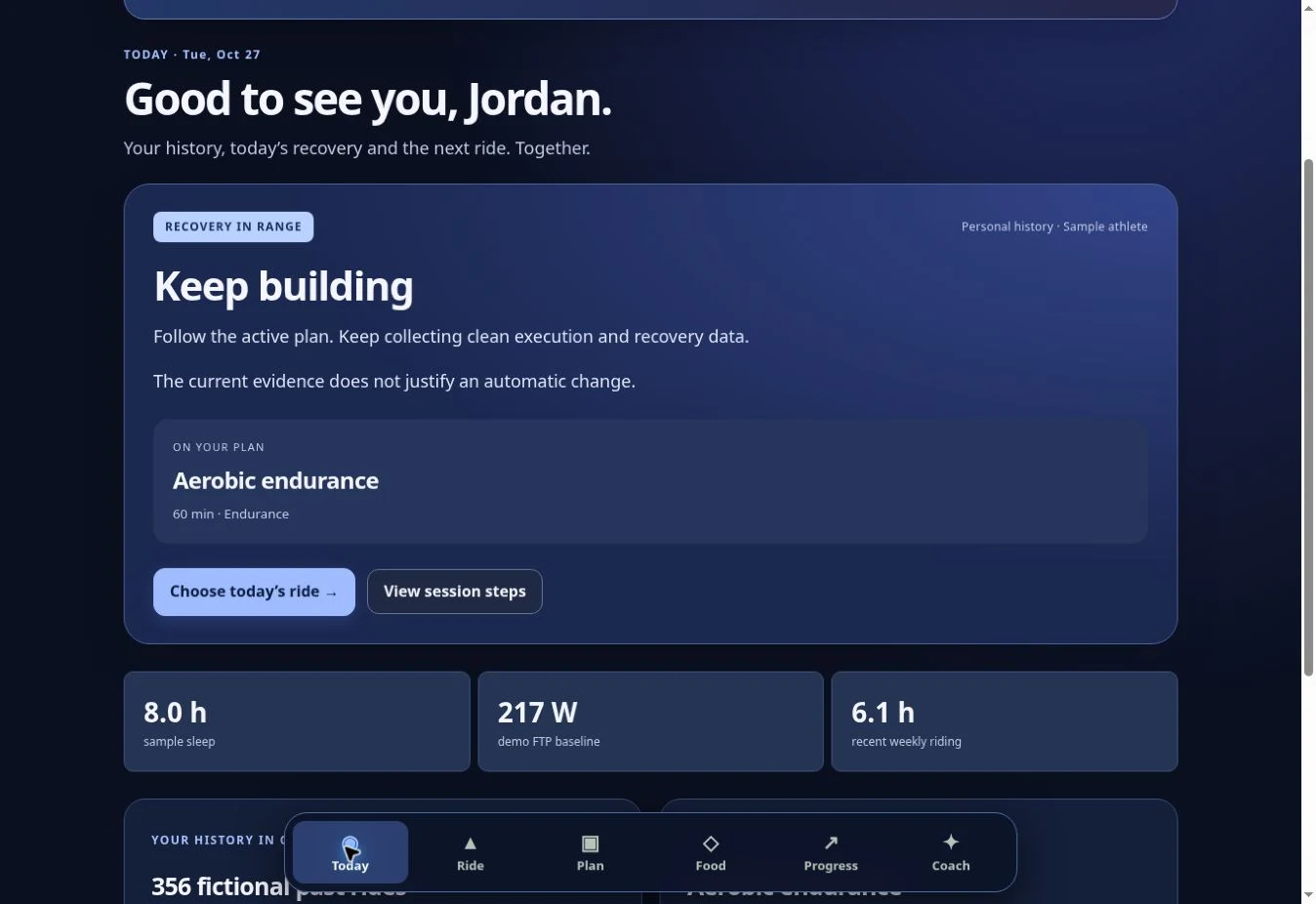 Working performance app interface with fictional training history
