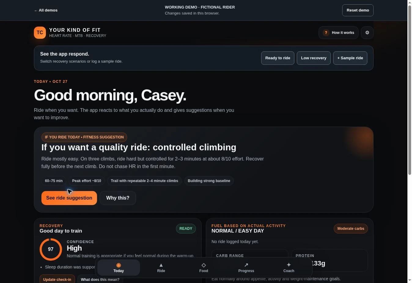 Working Trail Coach interface with fictional data