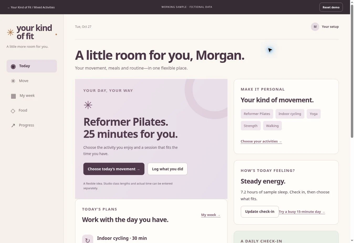 Working everyday fitness interface with fictional activity and food records