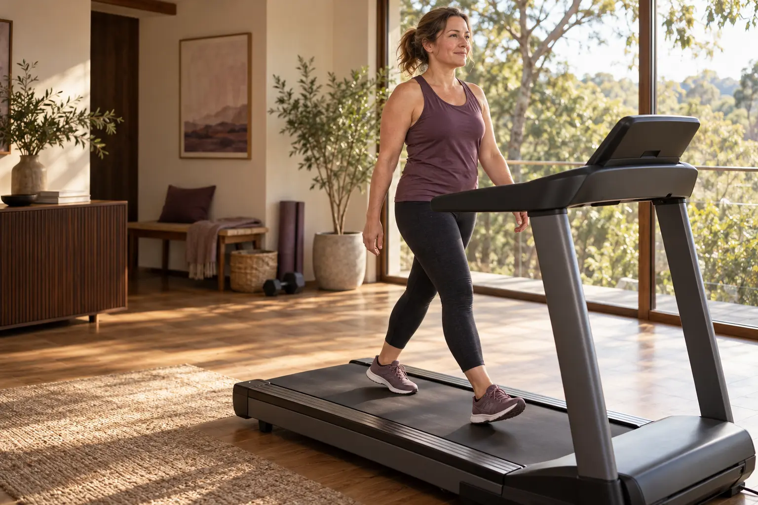 A woman making time for movement at home
